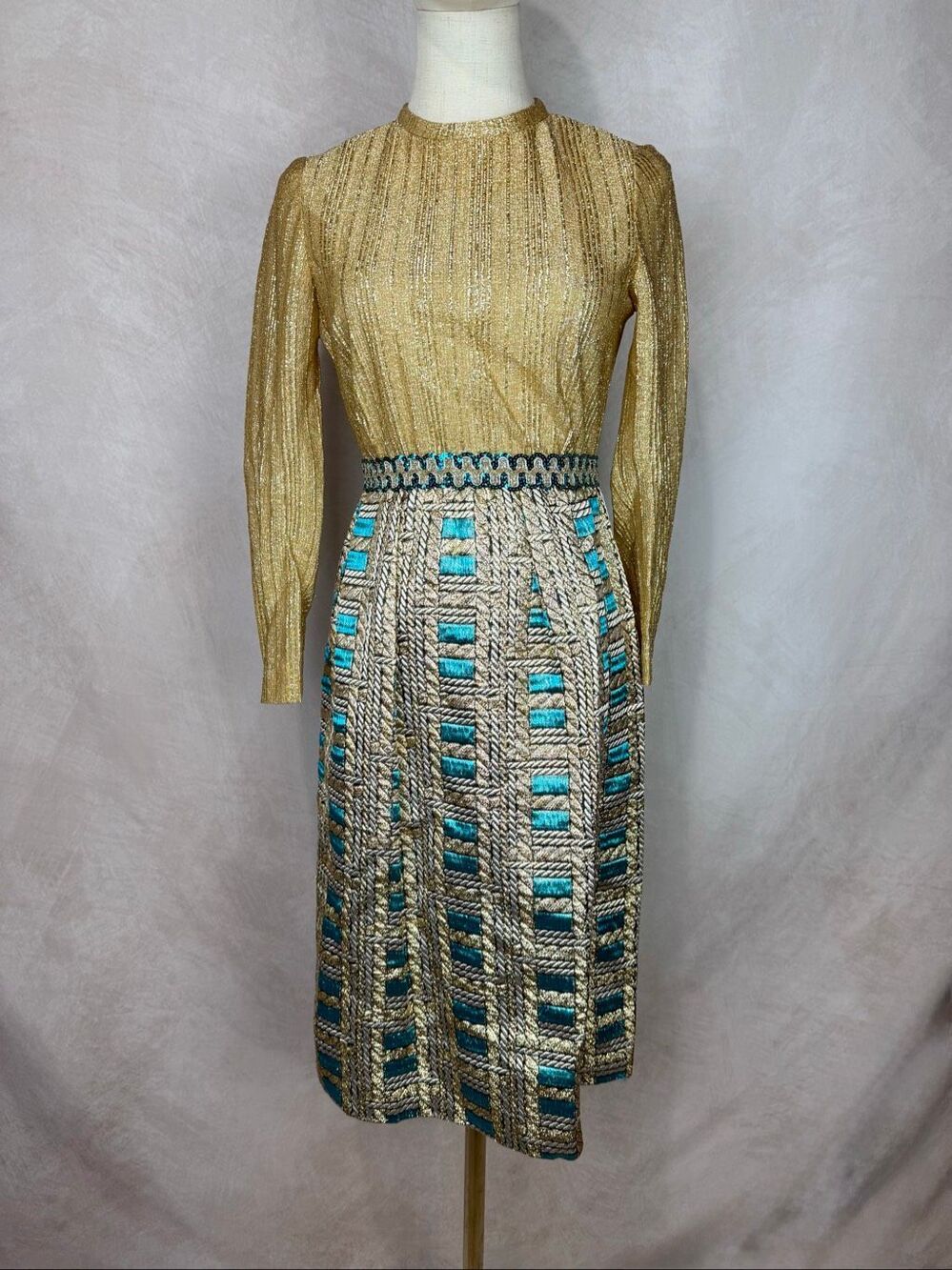 Vintage L'aiglon Originals Dress 1960s Gold Metallic Lurex Lame Sz Small Mod MCM